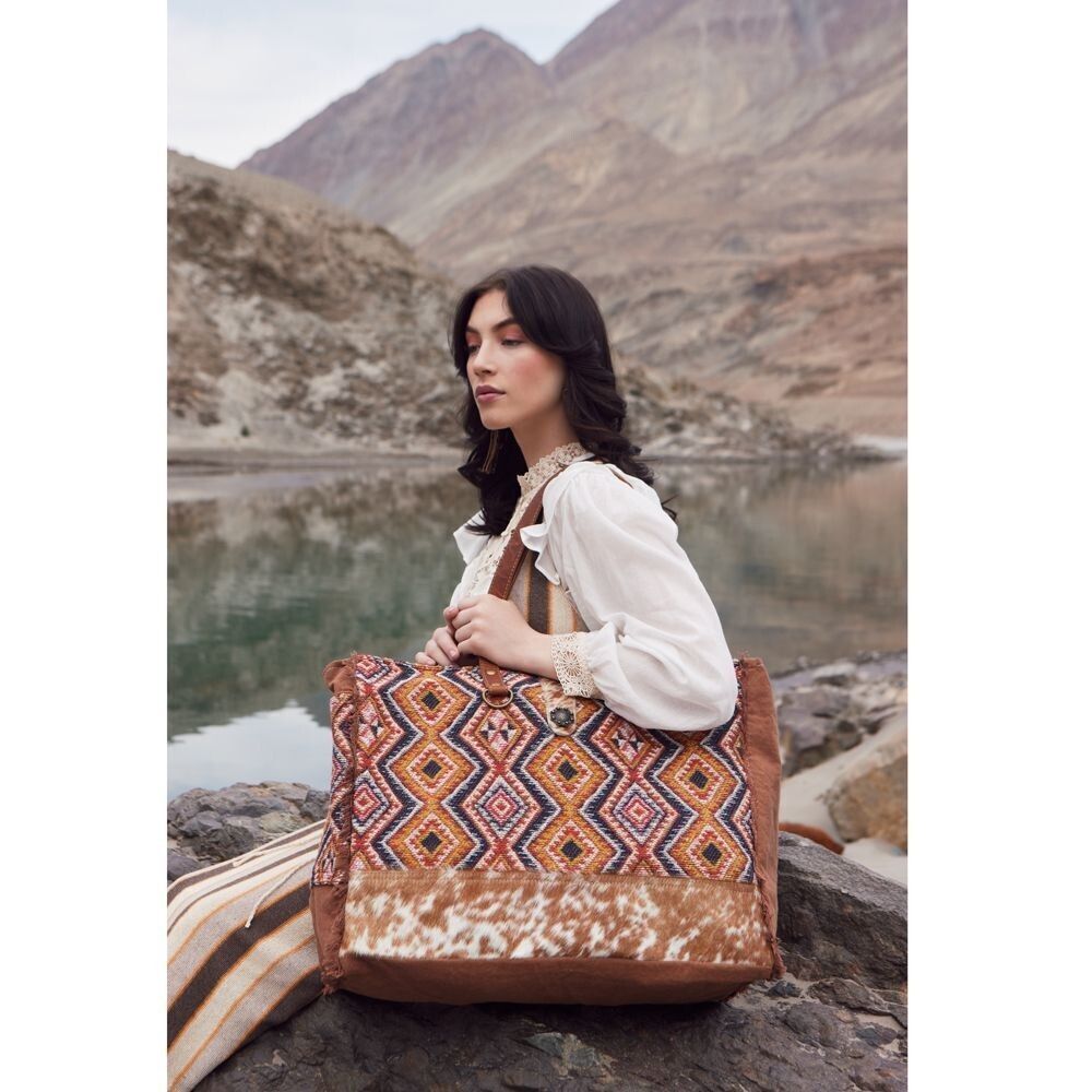 Myra Bag Handmade Geometric Weekender Bag Upcycled Canvas & Cowhide Leather